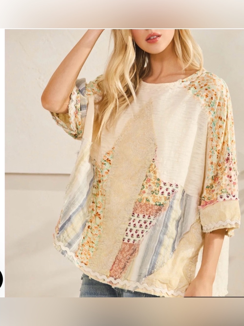 Oli & Hali Cream Patchwork Boho Tunic with Pastel Floral Panels